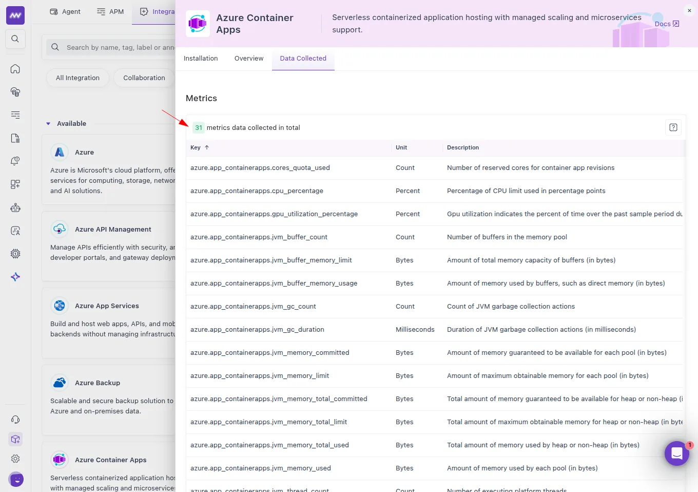 Azure Integration: Added support for Azure container app service, it now collects 31 metrics.