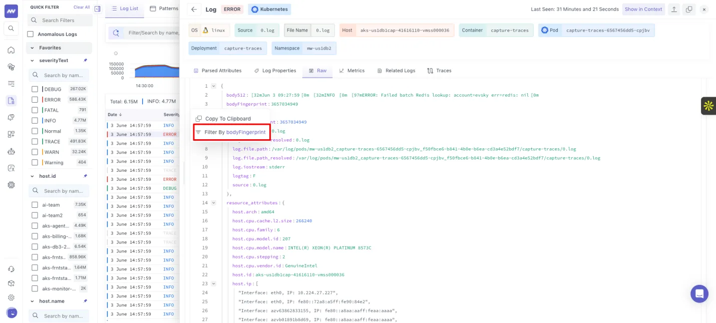 Log monitoring: Added an option to filter directly from the RAW JSON view (for parsed attributes)