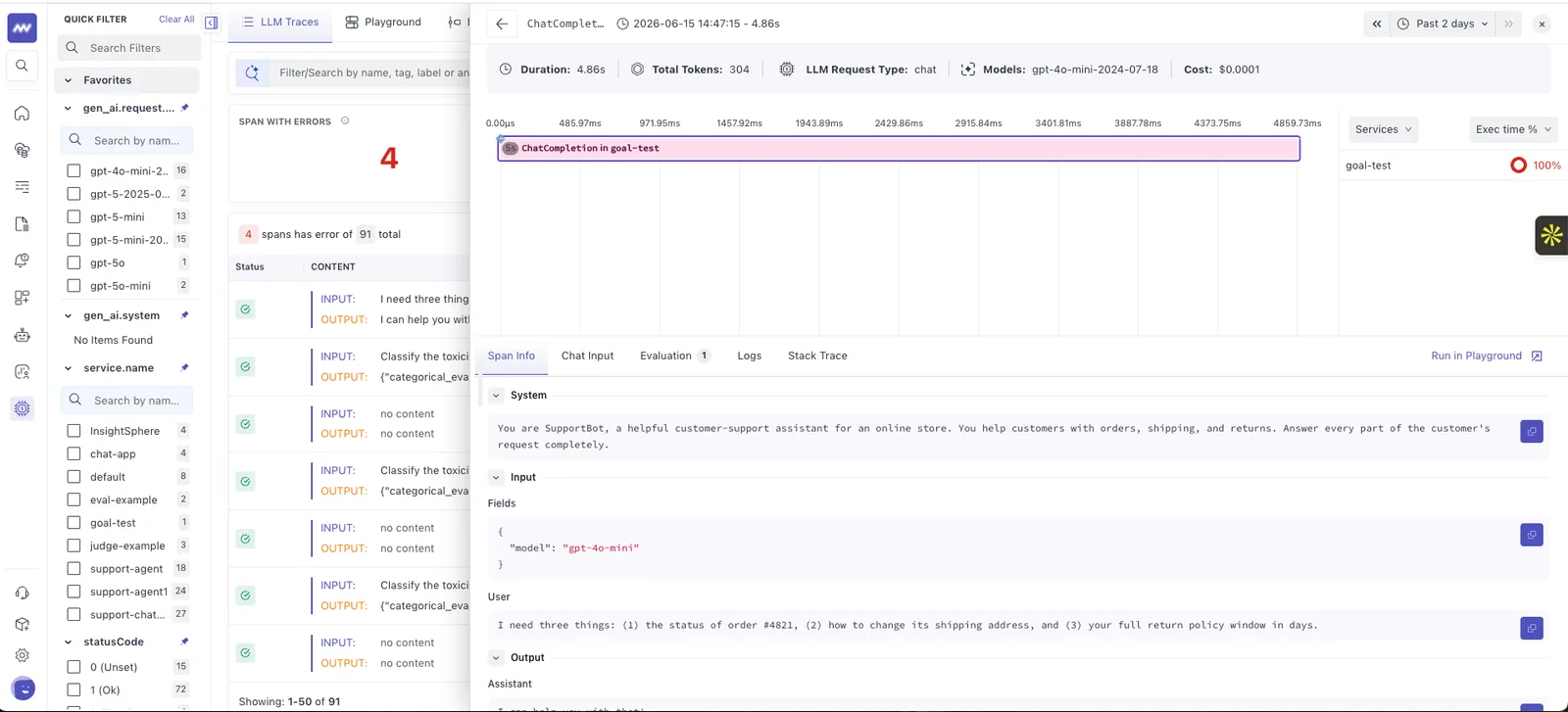 LLM Observability: Updated LLM traces screen with more data such as total token per request, cost, model, span info…