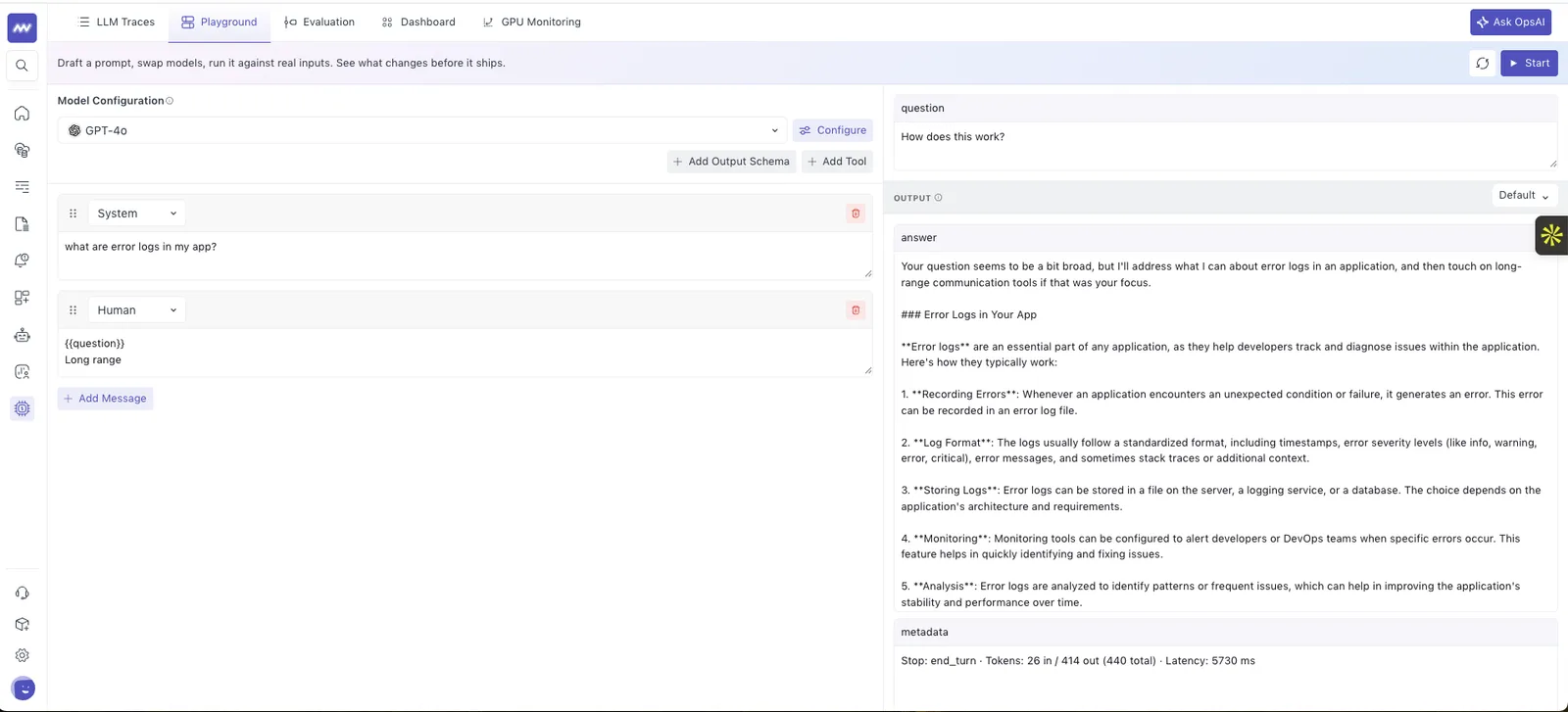 LLM Observability: Playground Use different model, output schemas, add tool and see how LLM will give output for sample…