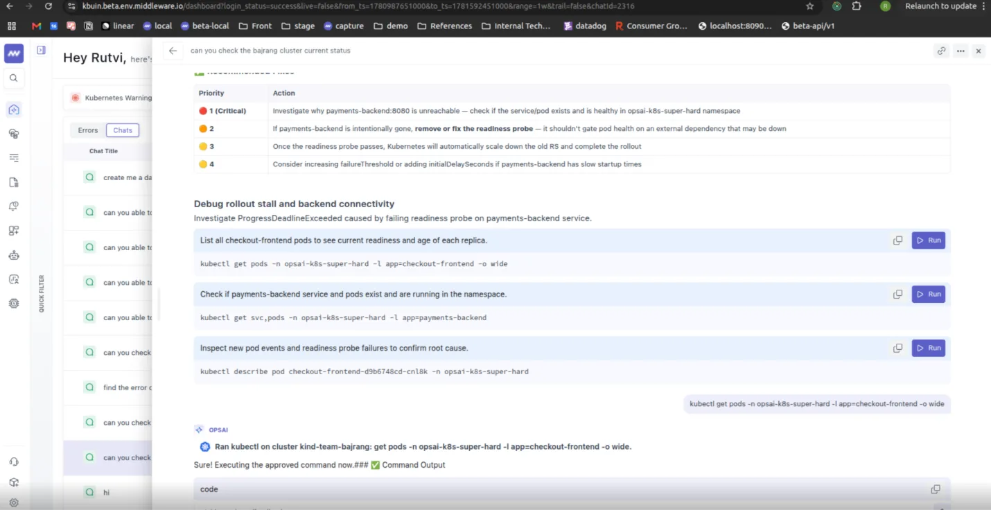 OpsAI: Run Kubernetes commands within the investigation/chat directly with one click.
