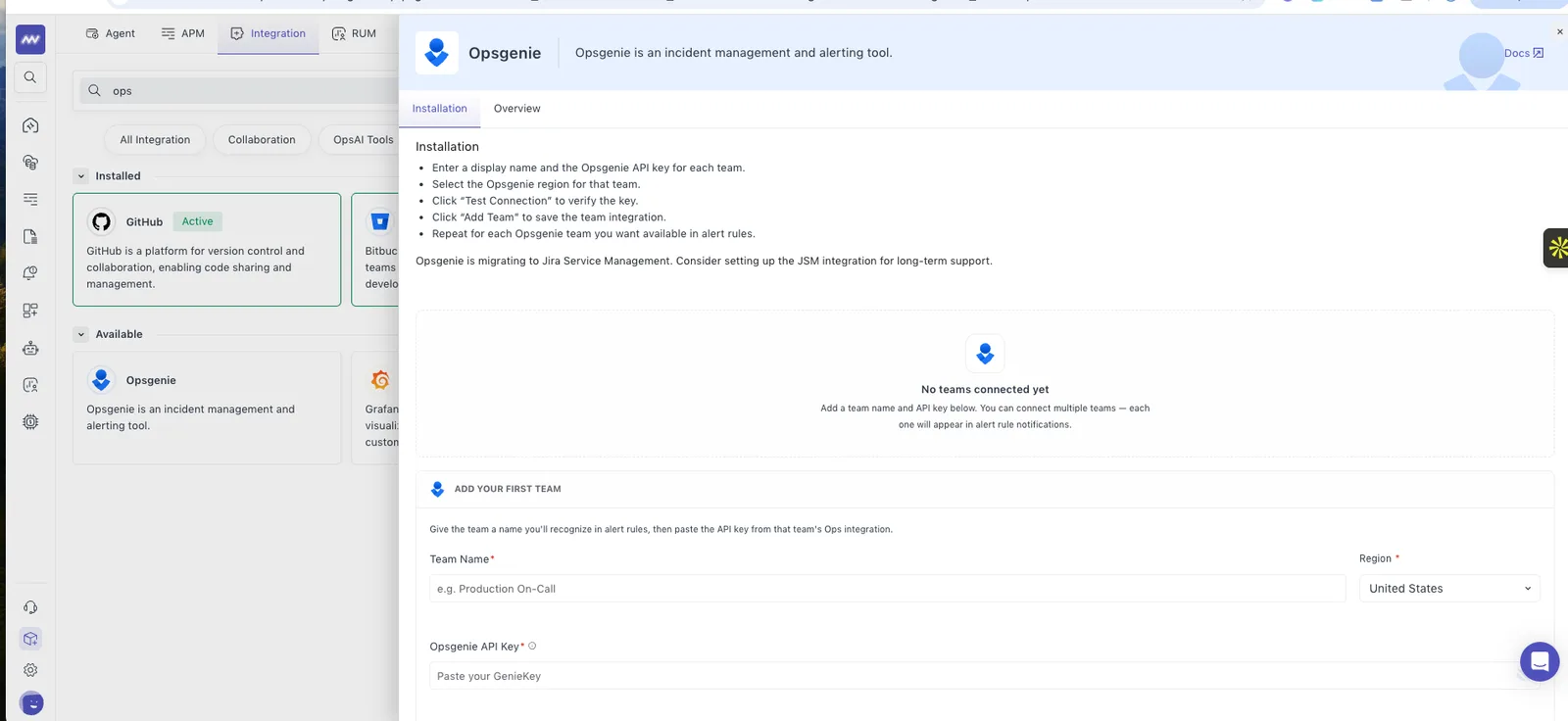 Opsgenie Integration: Users can integrate it by adding team name, region and API key.