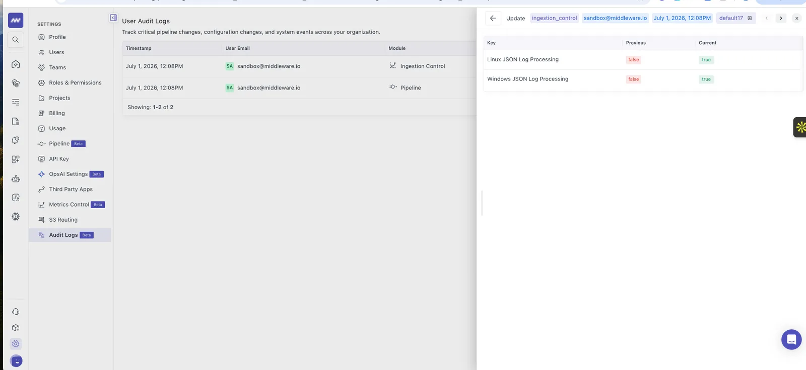 Audit logs: Users can see audit logs for the changes made in pipeline configuration, user config (add/delete)…