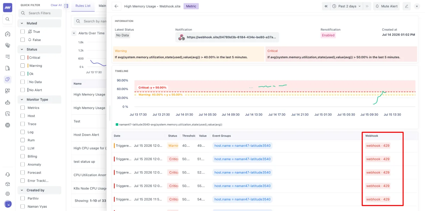 Alert improvements: Webhook response details are now displayed in the UI.