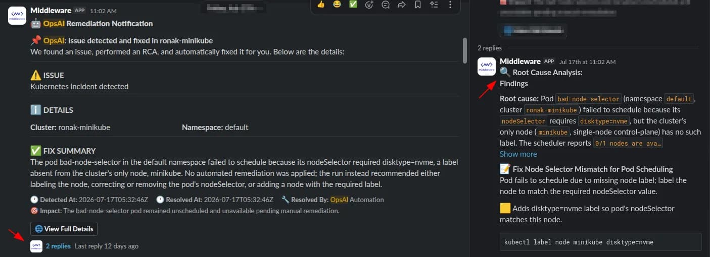 OpsAI: OpsAI in Slack: Users can get full RCA and fix information of OpsAI on any issue directly within the Slack.