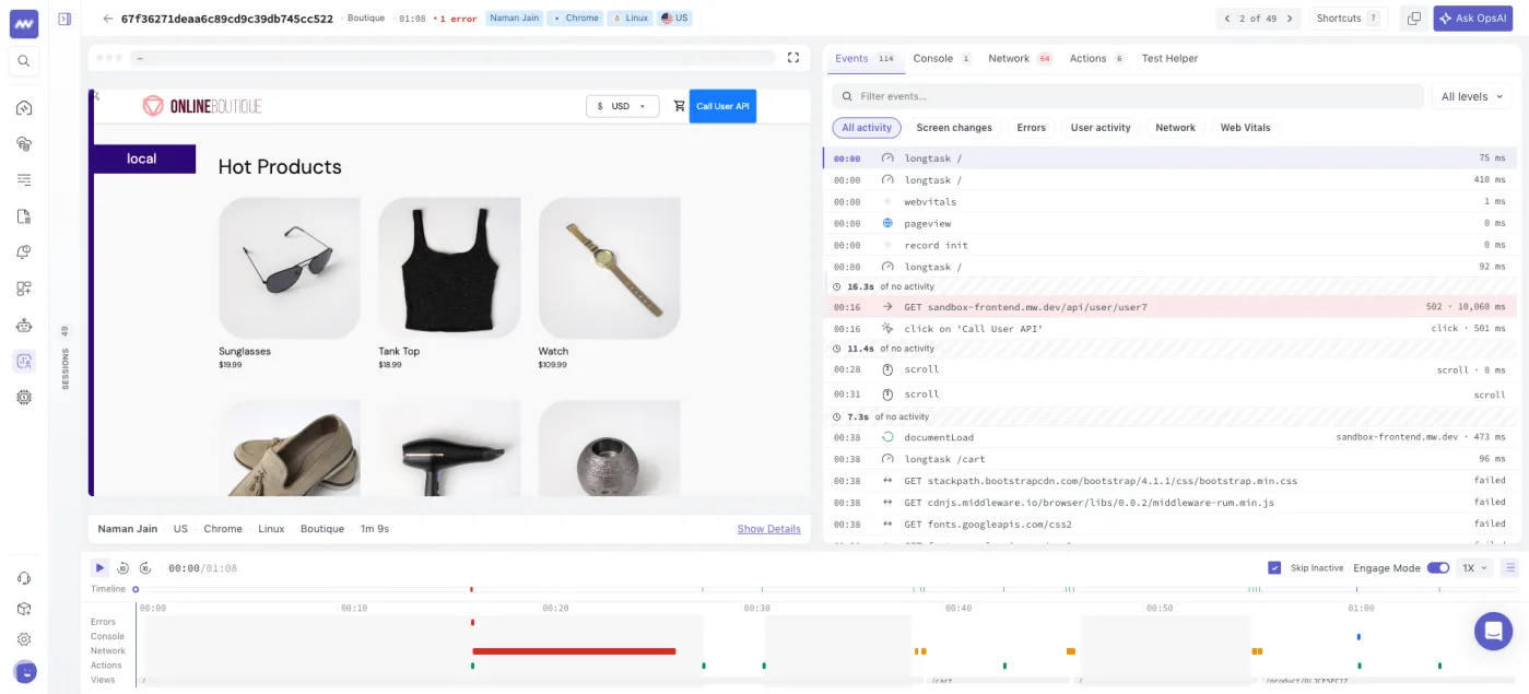 RUM: Search and filter events by type and severity.