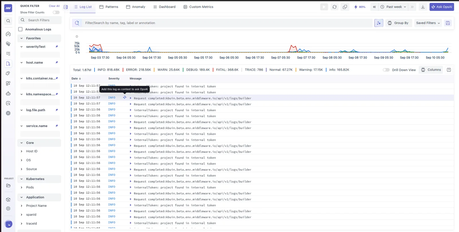 OpsAI: OpsAI uses the selected log as additional context to provide relevant answers.