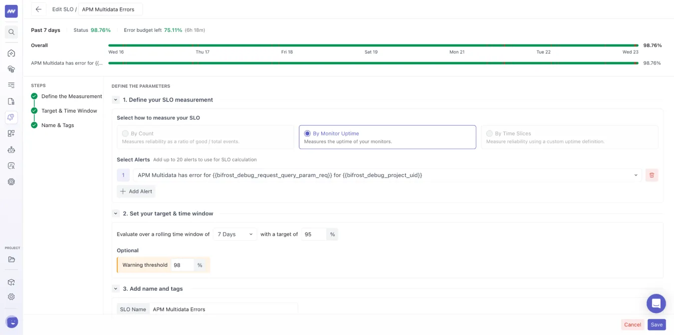 SLO (Service Level Objectives): Create service level objectives (SLOs) from existing alerts by selecting the alerts…