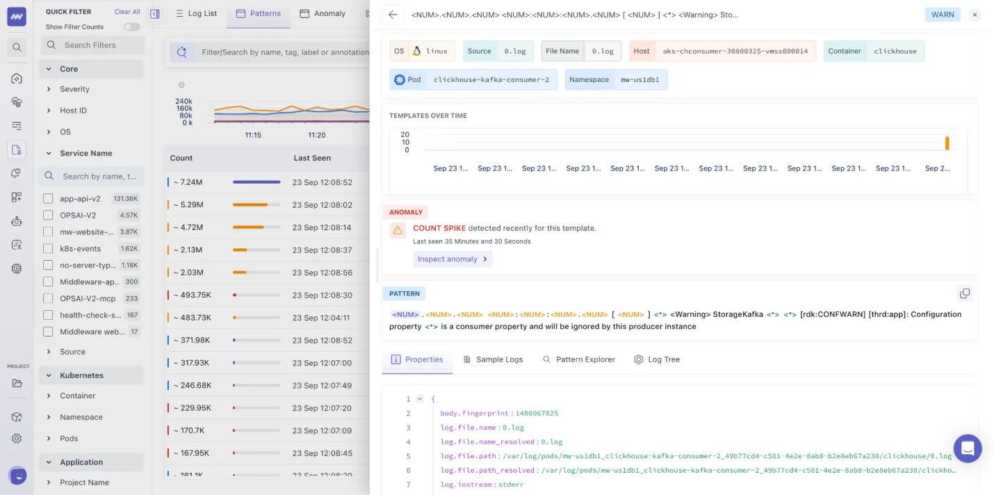 Logs Pattern: Related anomalies are accessible directly from each pattern detail view.