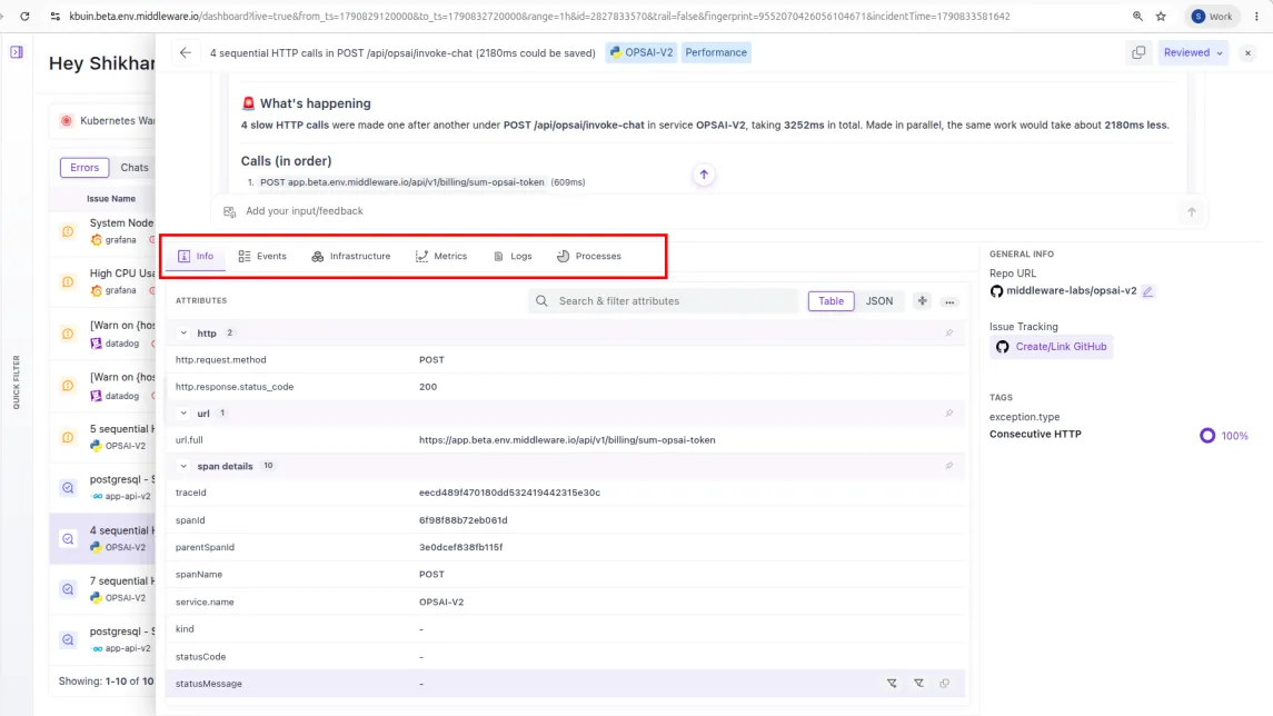 OpsAI: Issue detail tabs now display contextual data based on the issue type.