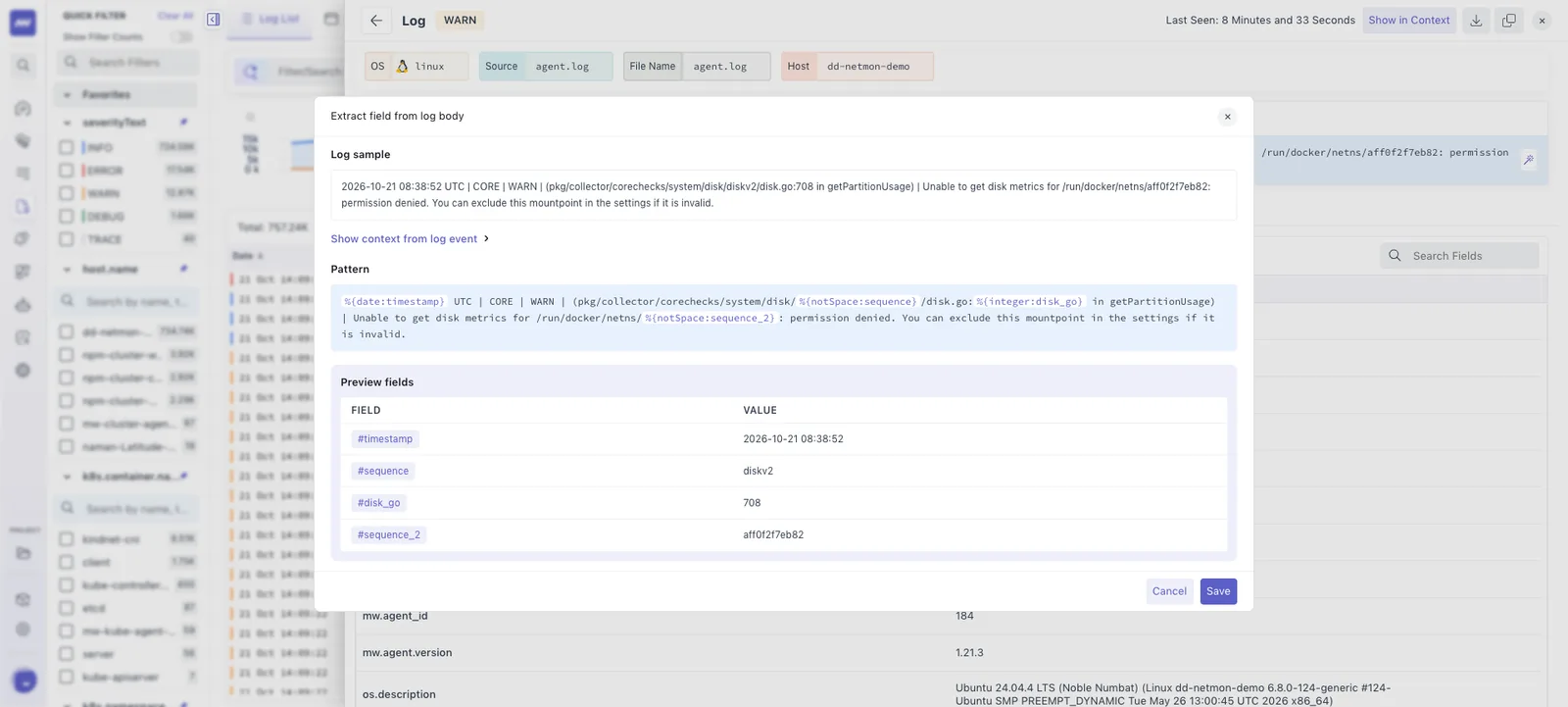 Log Parsing: the Log Extractor showing fields and values extracted from a log message