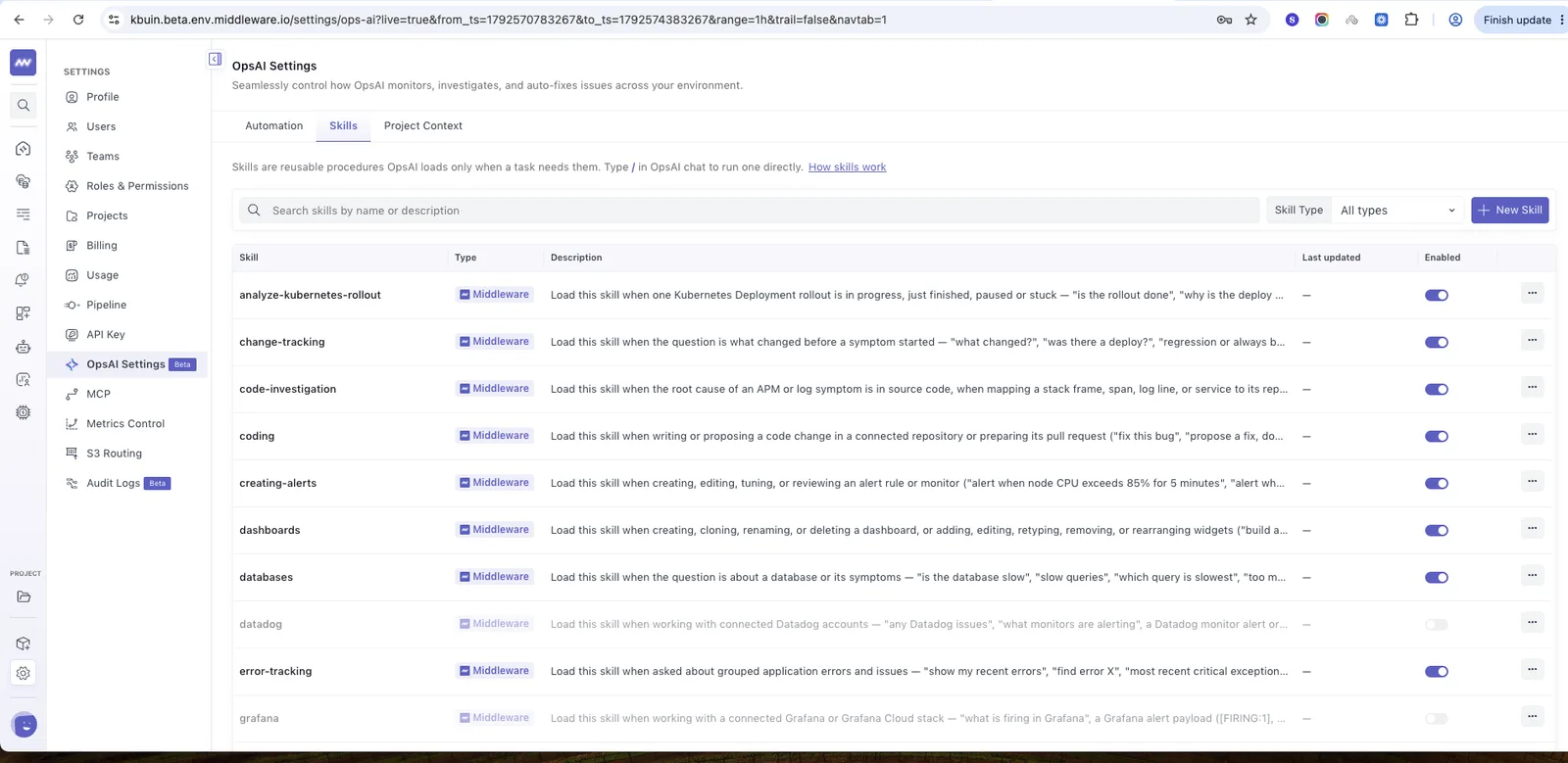 OpsAI Skills: the list of built-in skills for investigations and workflows