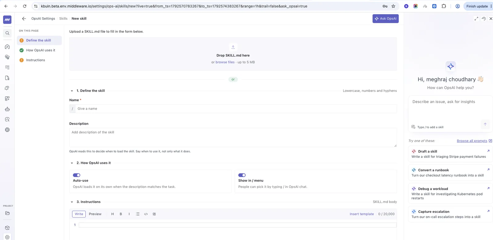 OpsAI Skills: importing or creating a custom skill with its own instructions