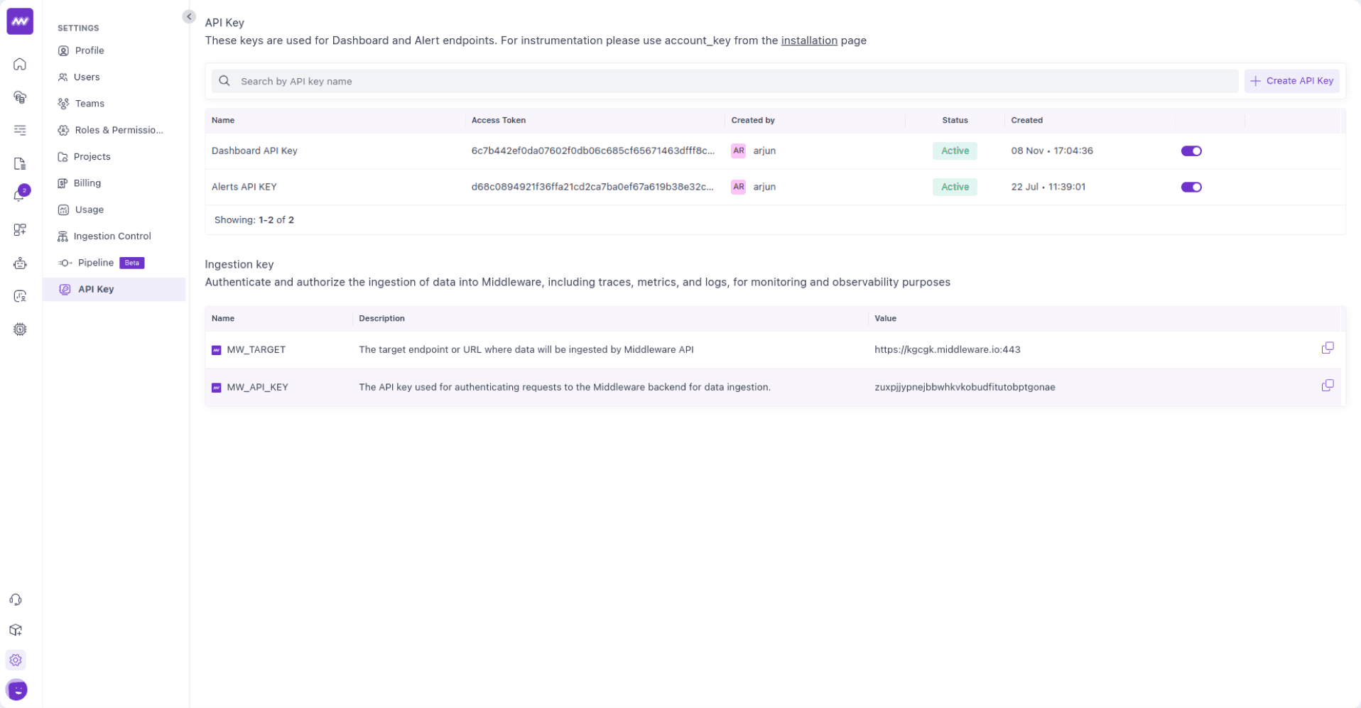 API Ingestion Keys