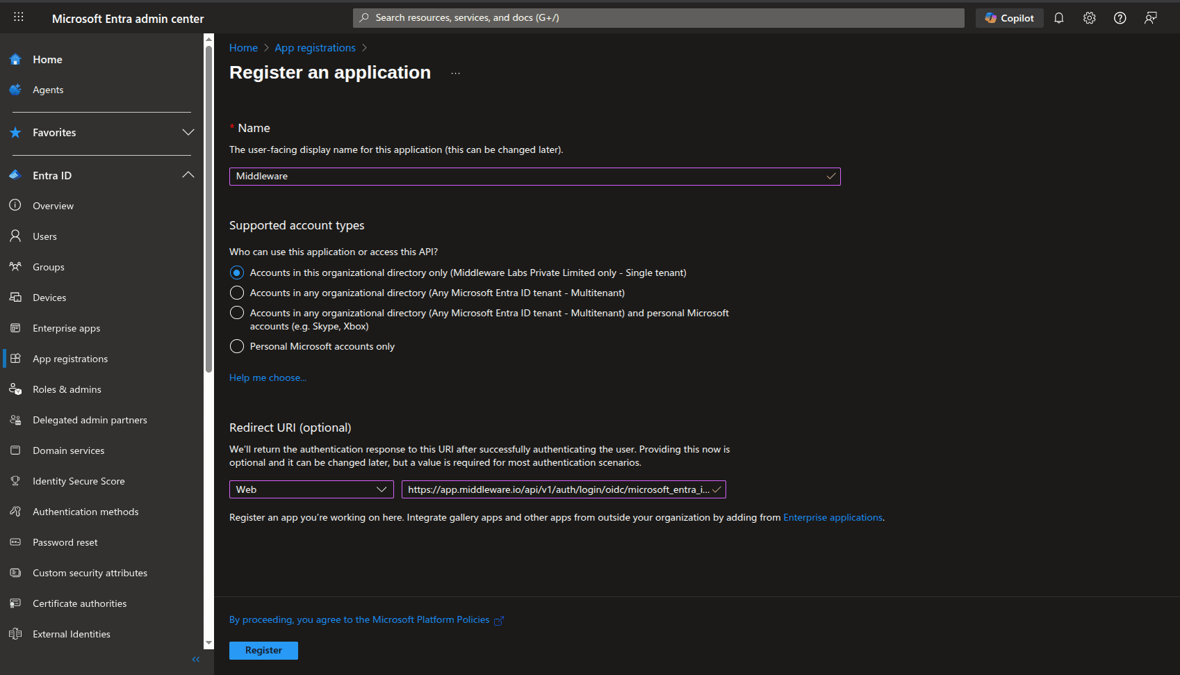 Configure Microsoft Entra ID integration in the Middleware