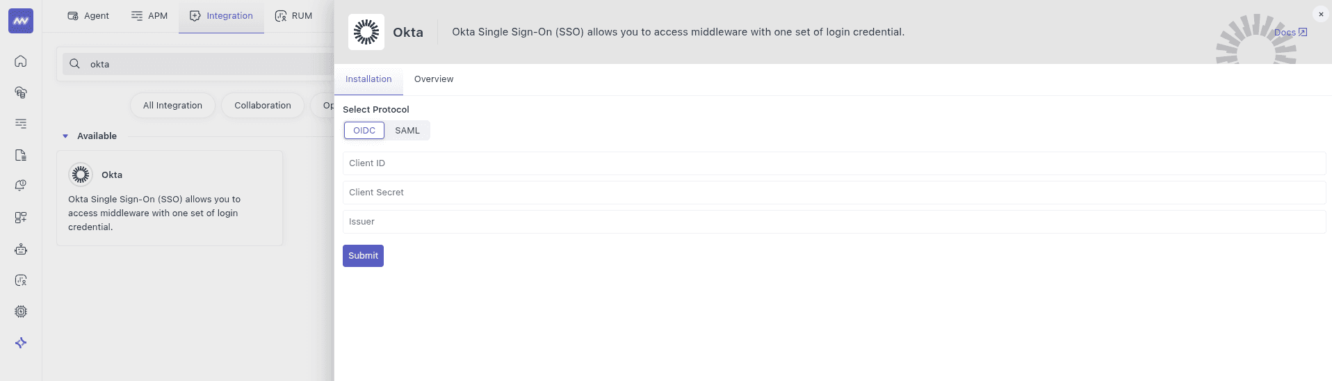 okta integration form