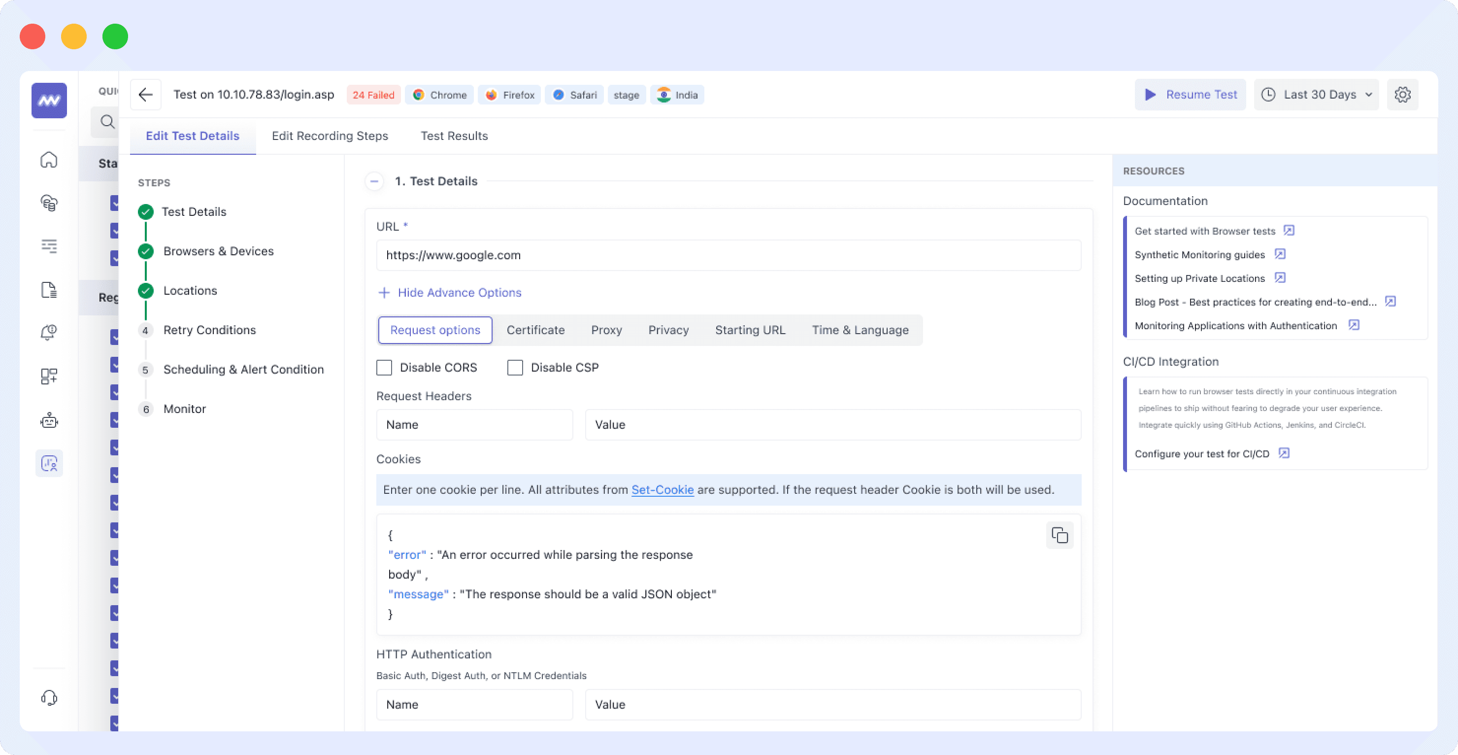 Advanced options for customizing test settings in Middleware Browser Test