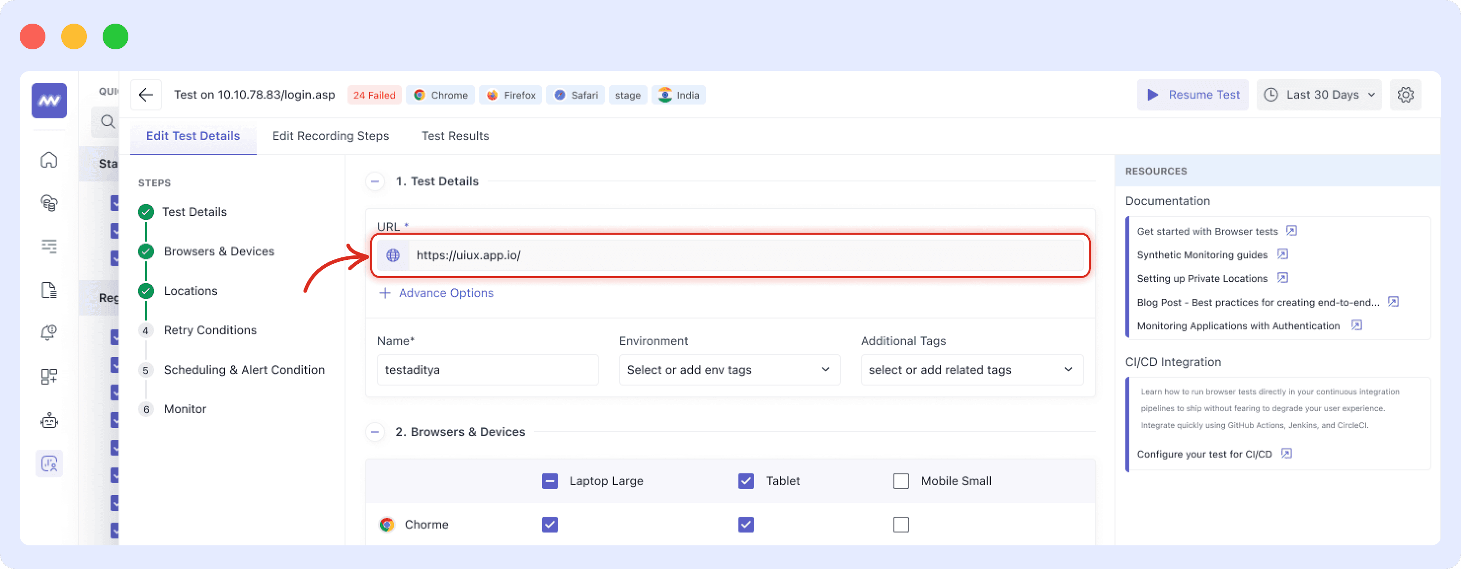 Define test name and target URL in Middleware Browser Test setup
