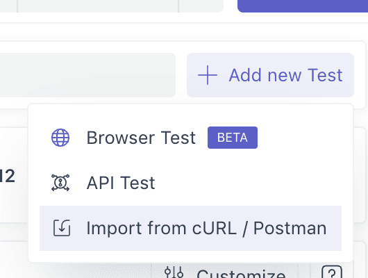 Add new Test menu with the Import from cURL / Postman option