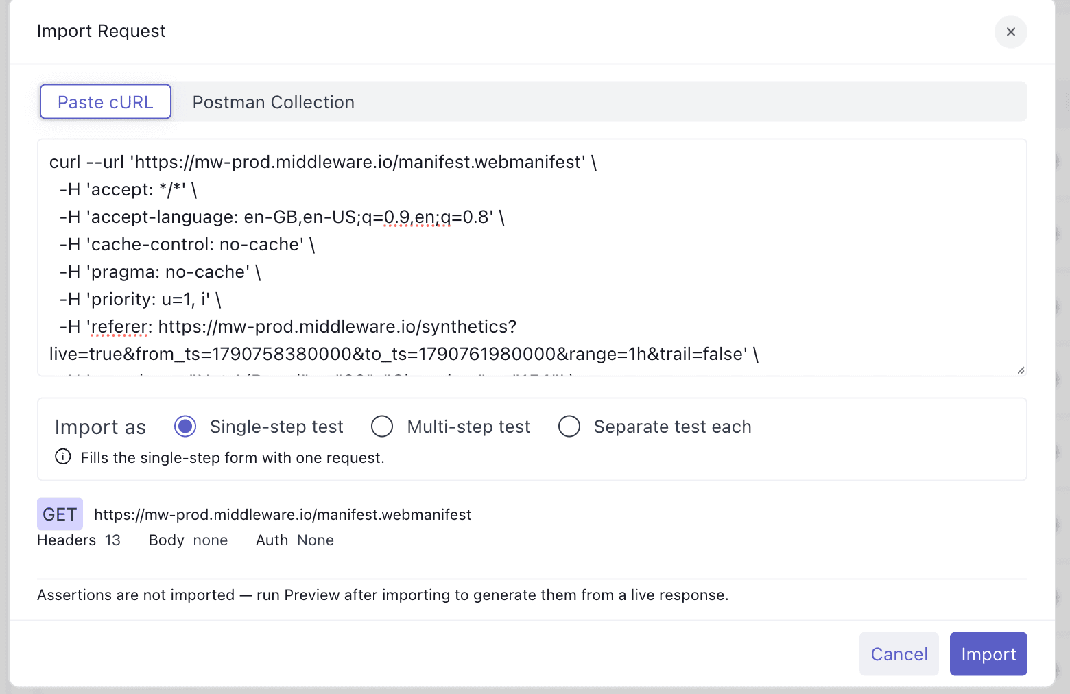 Paste cURL tab with a parsed request preview showing method, URL, headers, body and auth
