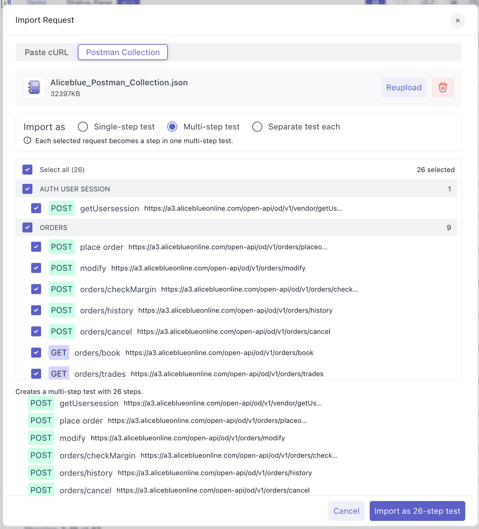 Multi-step test mode with all requests selected and the resulting step order preview