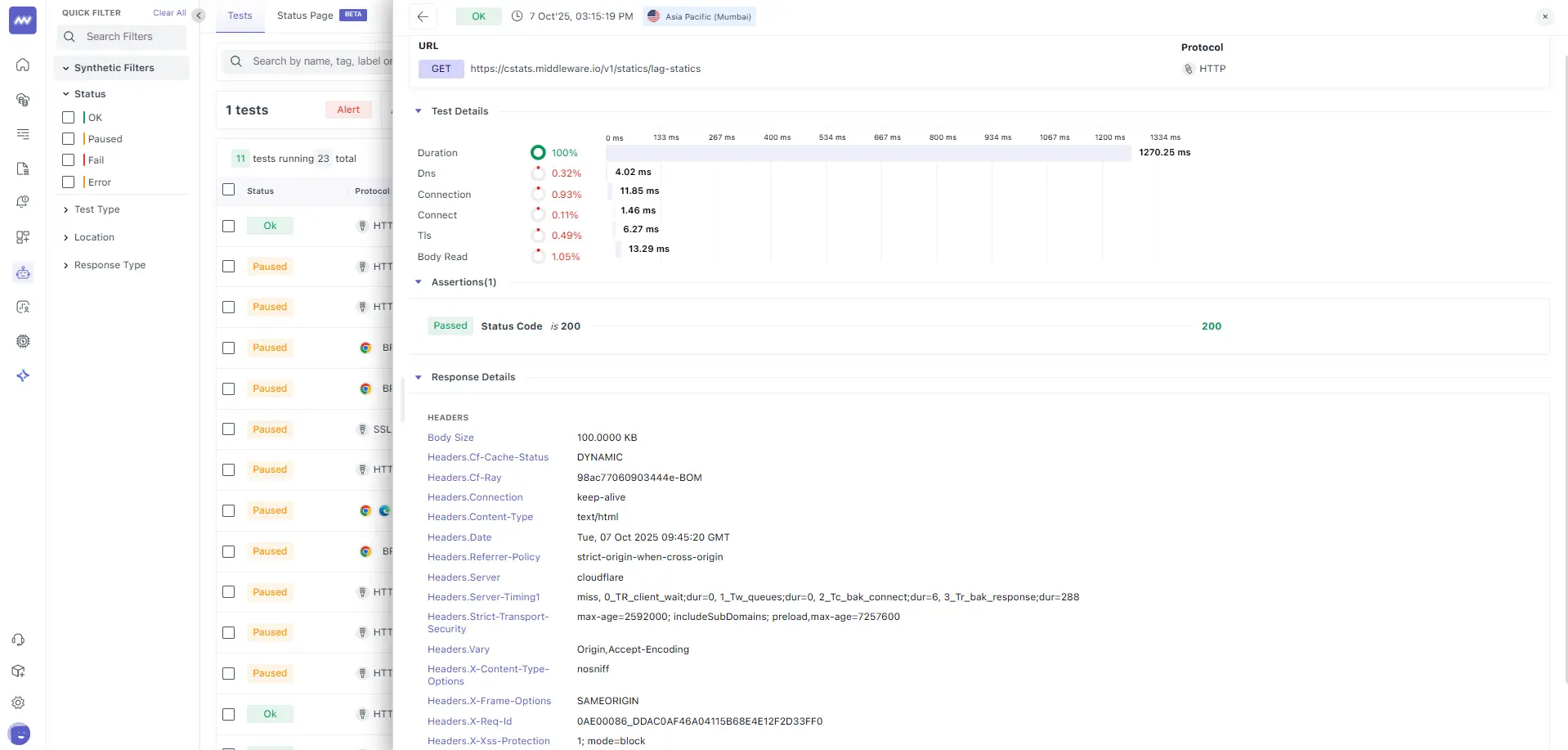 Detailed view of a single synthetic test run, including request/response data and performance metrics.