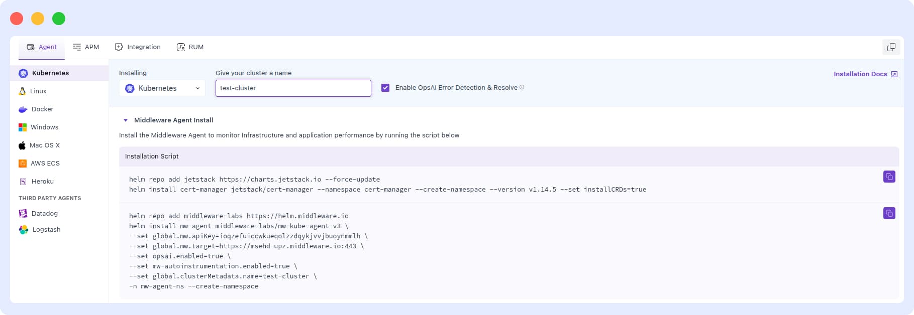 Kubernetes cluster access and Middleware Agent installation steps via Argo CD