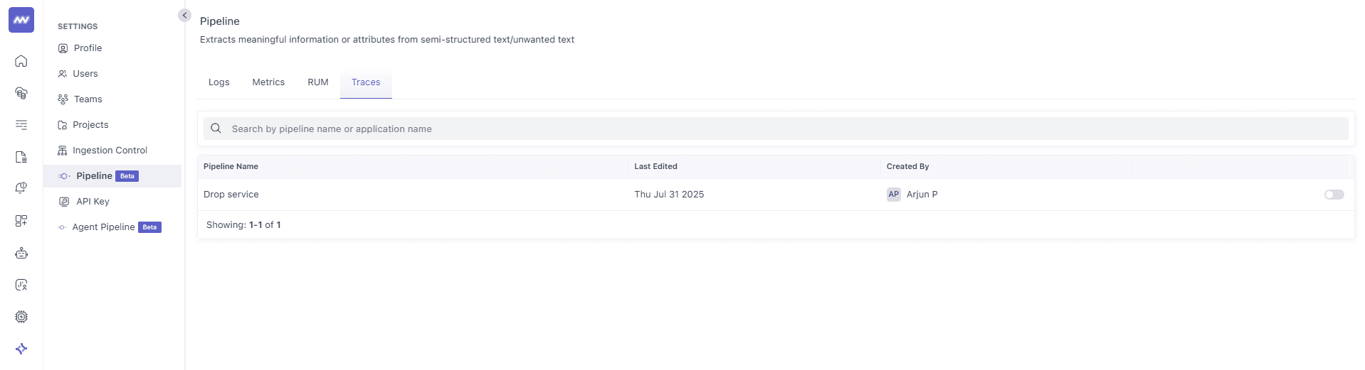 Tracing pipeline list view in Middleware APM with existing pipelines