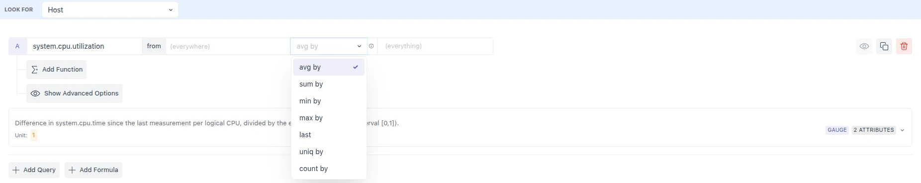 Aggregation dropdown open on system.cpu.utilization, listing avg by, sum by, min by, max by, last, uniq by, and count by.