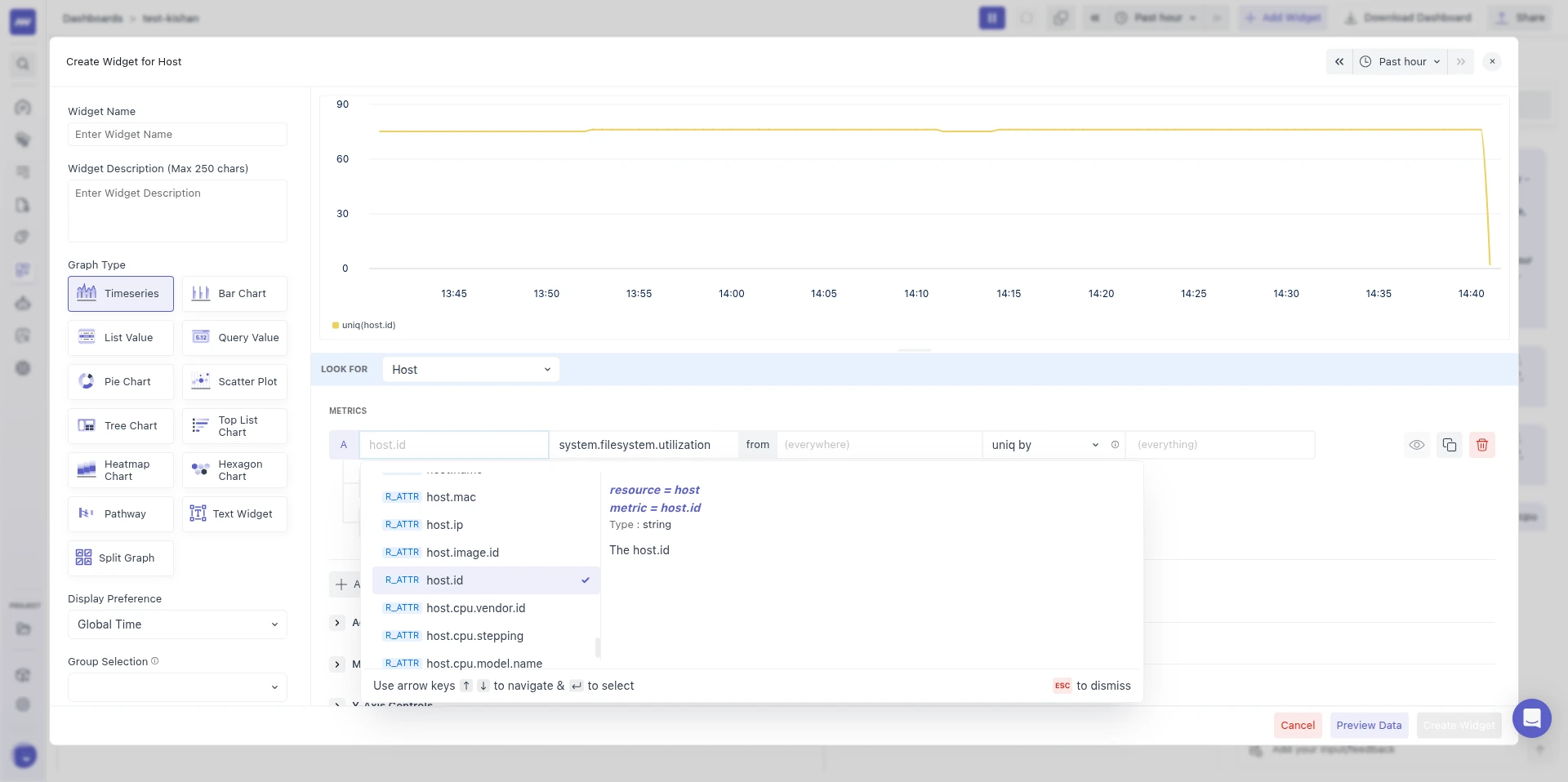 Attribute query with the resource attribute host.id (R_ATTR) selected, the second metric picker set to system.filesystem.utilization, aggregation uniq by, and a uniq(host.id) line in the preview.
