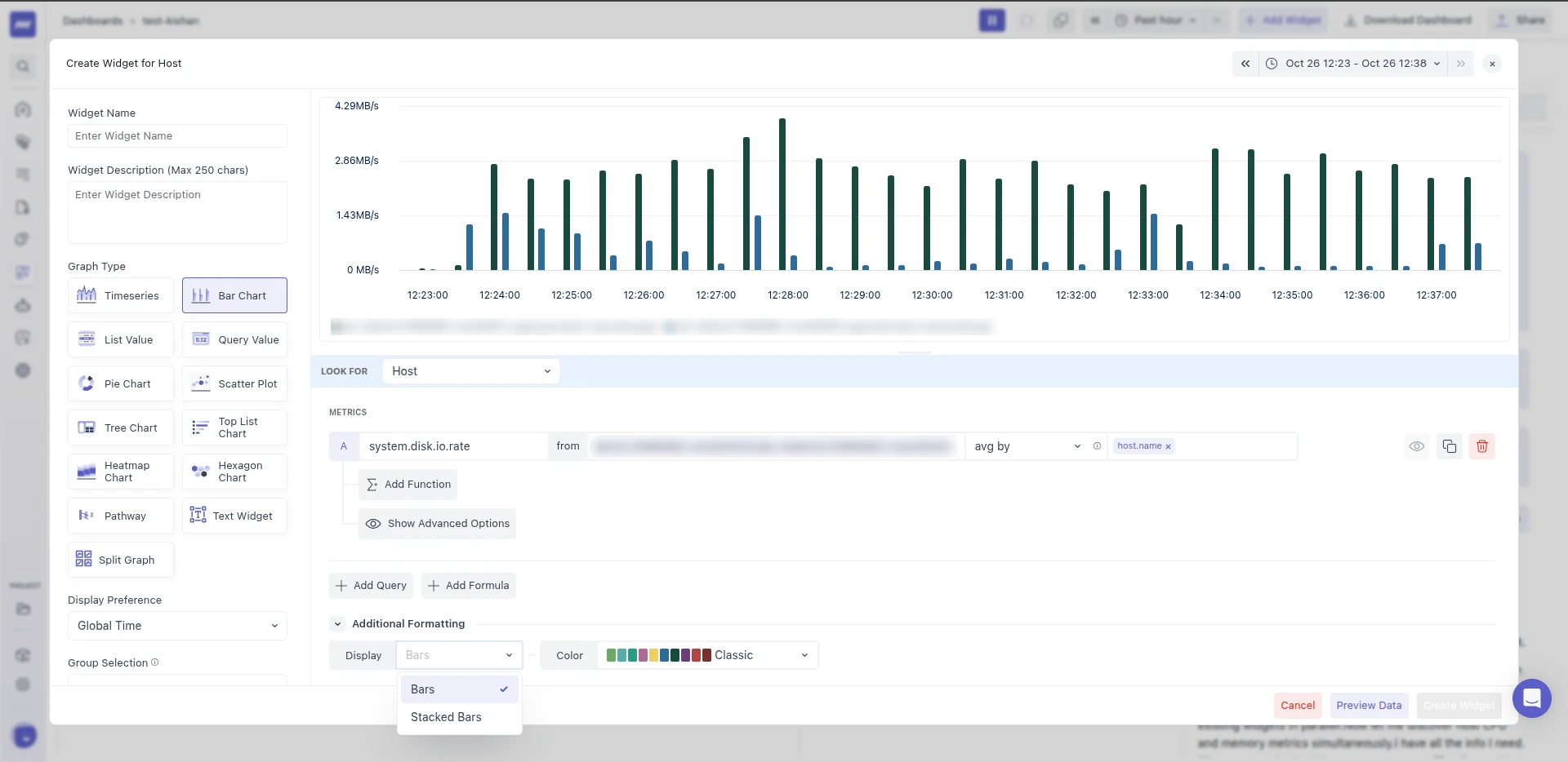 Bar Chart widget showing system.disk.io.rate per host as side-by-side bars, with the Additional Formatting Display dropdown open on Bars and Stacked Bars.
