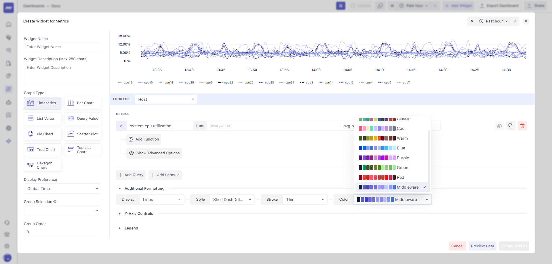 Color options panel for setting colors in charts and widgets.