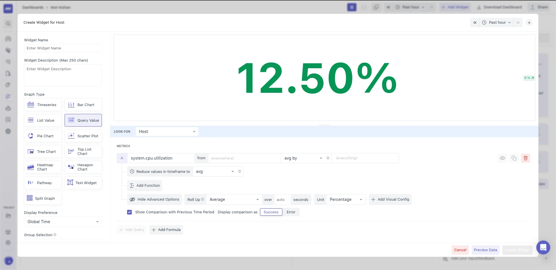Query Value widget showing 12.50% with a 0% change indicator, and Show Comparison with Previous Time Period checked with Display comparison as set to Success.