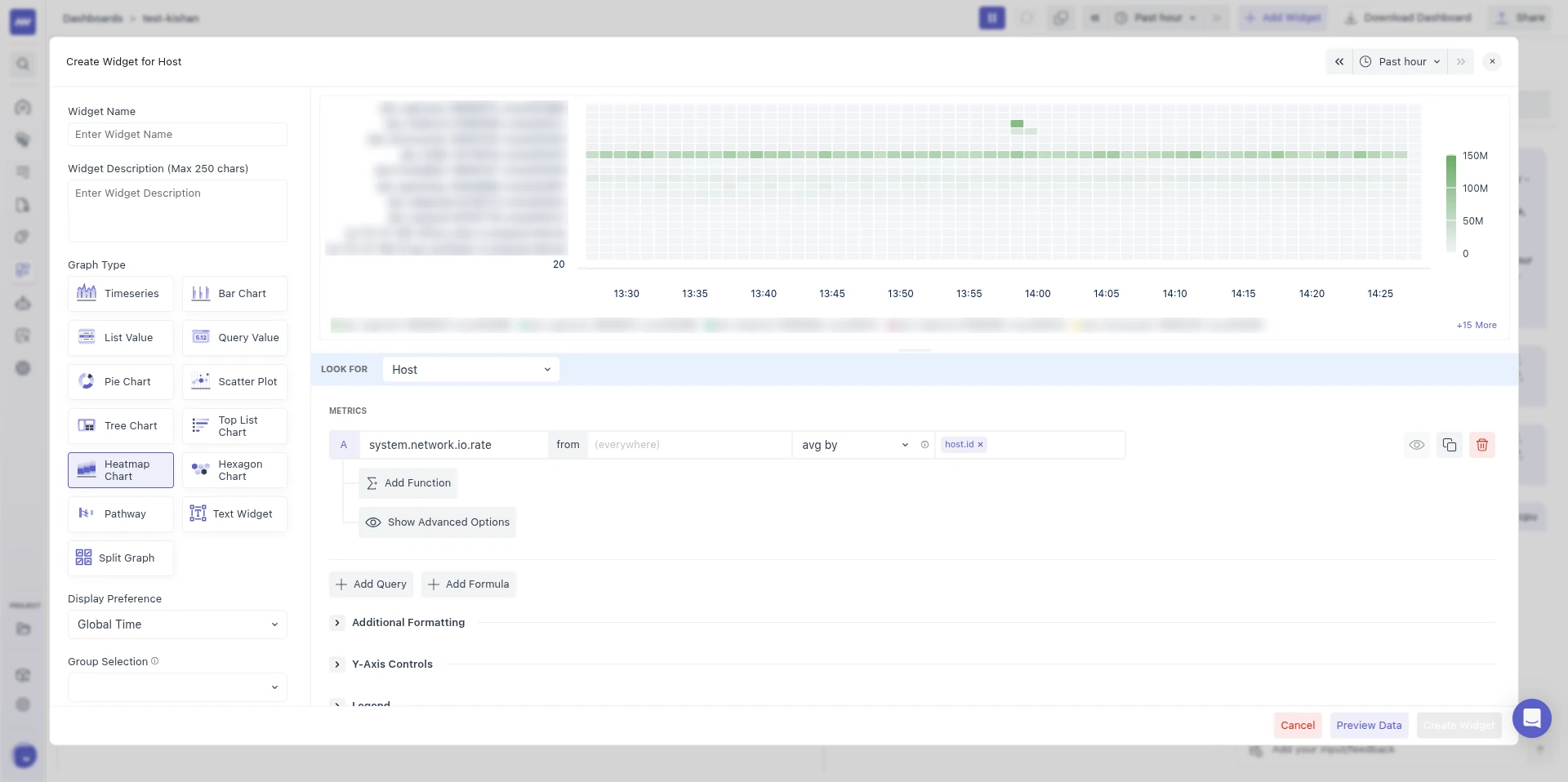 Heatmap Chart of system.network.io.rate avg by host.id with the Group Y-Axis, showing one row per host and a gradient legend from 0 to 150M.