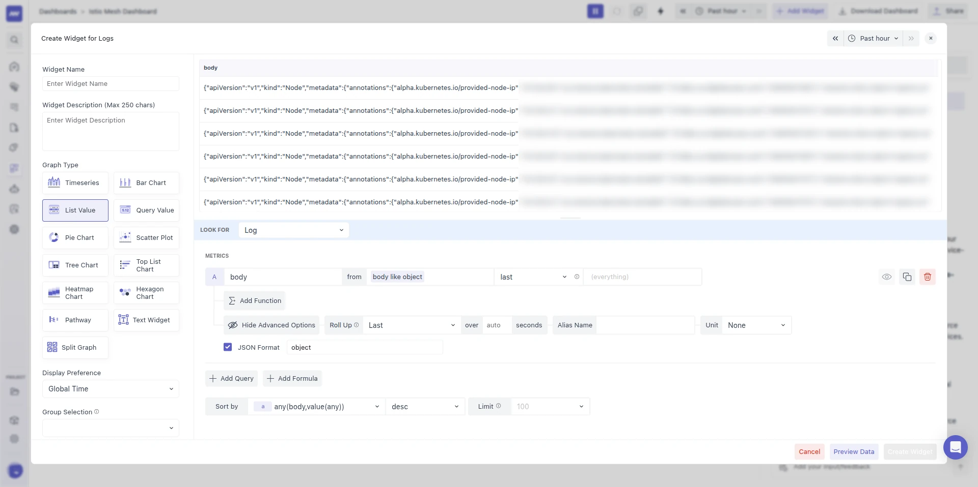 List Value widget on Log data showing JSON log bodies, with Show Advanced Options open and JSON Format checked with the field name object.