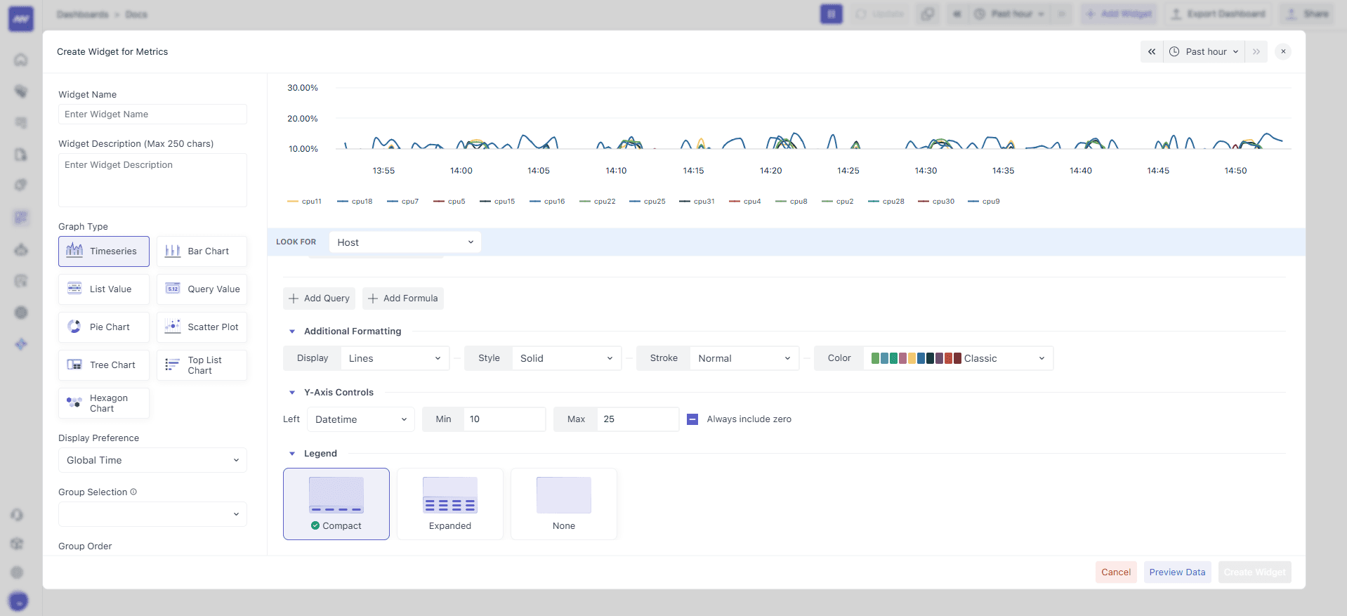 Legend configuration to display metric labels and color mapping.