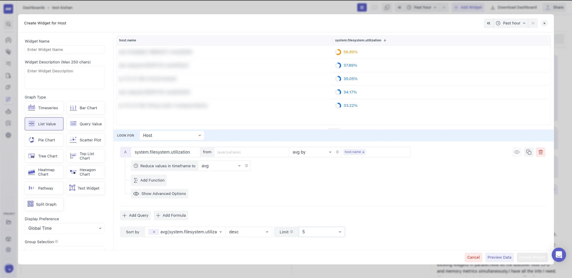 Limit set to 5, so the List Value widget shows only the 5 hosts with the highest system.filesystem.utilization.