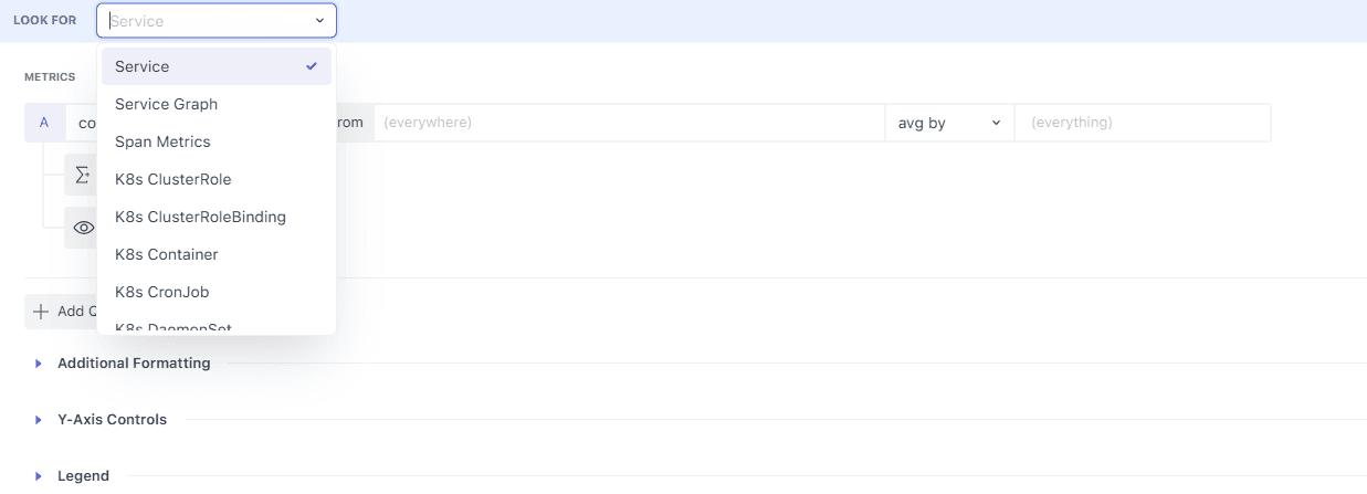 Search/filter options to look for metrics or data sources in the dashboard.