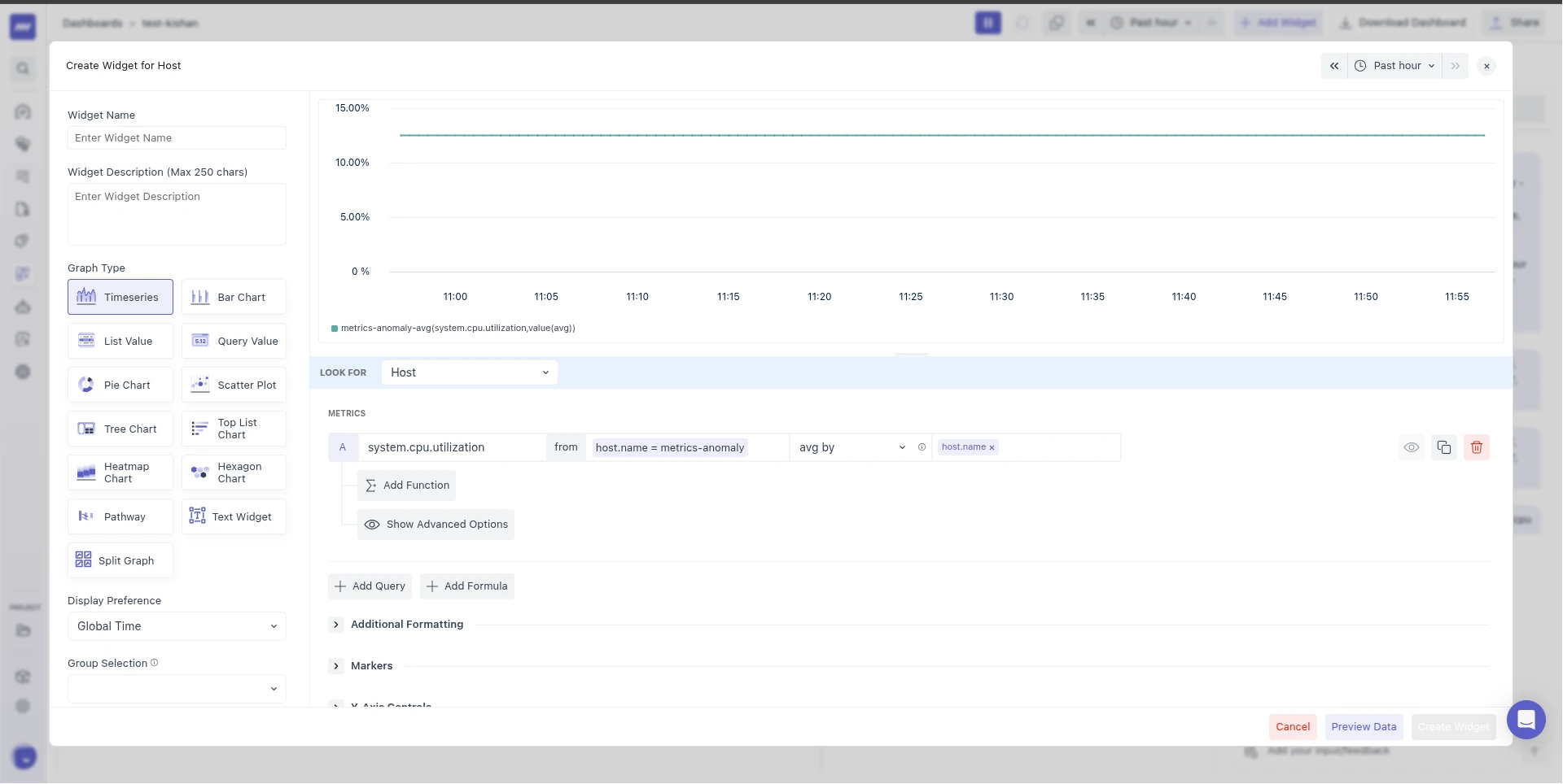 Query for system.cpu.utilization filtered with host.name = metrics-anomaly in the from box, aggregated avg by host.name.