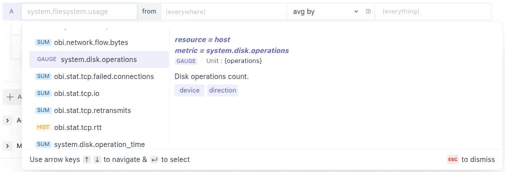 Metric picker listing metrics with SUM, HIST, and GAUGE badges, and the hover panel showing resource, metric, type, unit, description, and attributes for system.disk.operations.