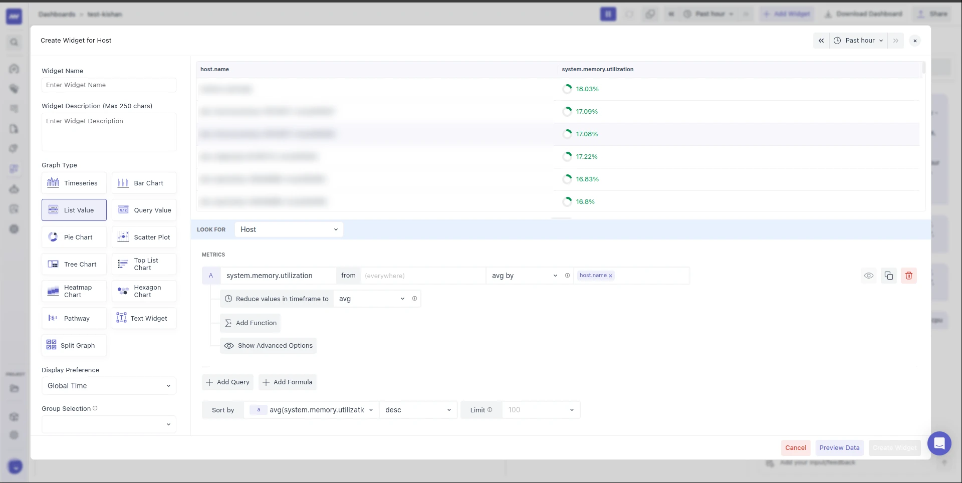 List Value widget showing system.memory.utilization avg by host.name, with the Reduce values in timeframe to row set to avg, and Sort by and Limit below the query.
