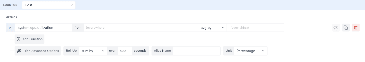 Roll-up configuration box for summarizing data over time or groups.
