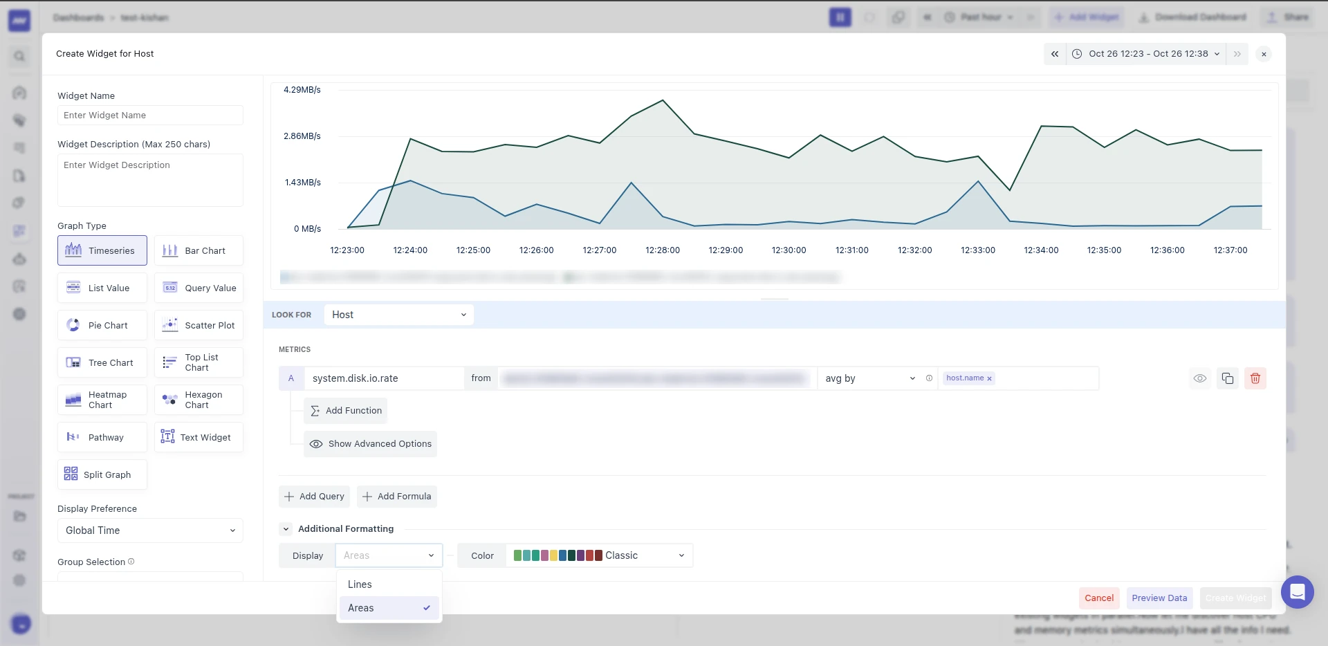 Timeseries widget showing system.disk.io.rate per host as filled areas, with the Additional Formatting Display dropdown open on Lines and Areas.