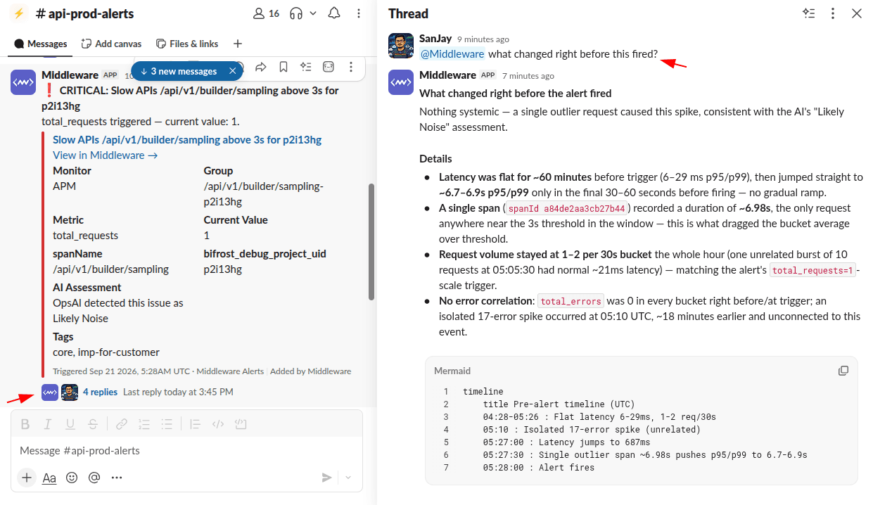 OpsAI conversation started from a plain alert notification thread