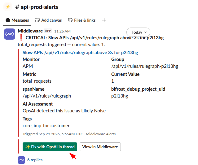 Fix with OpsAI in thread button on a Slack alert notification