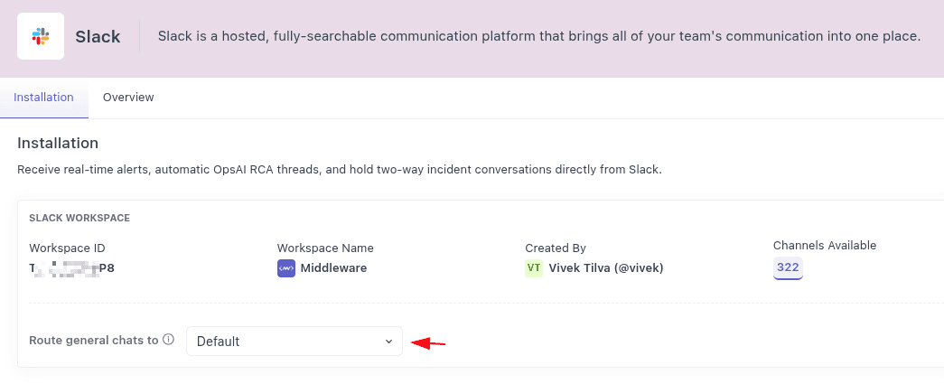 Route general chats to dropdown in Slack integration settings