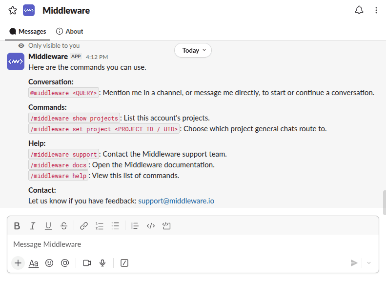 /middleware help output in Slack