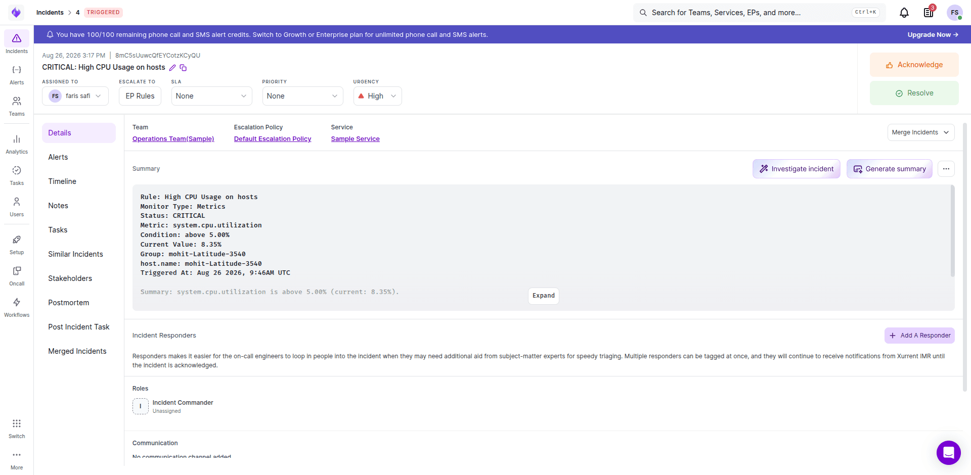 A Middleware alert shown as an incident in Zenduty