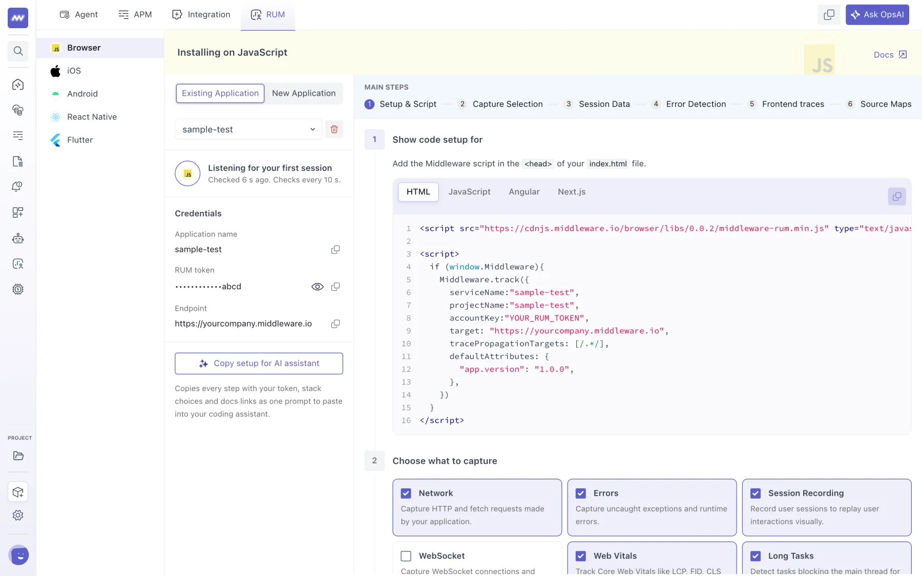 A created Browser application on the RUM installation page, showing Listening for your first session, the Credentials section with the token hidden, Copy setup for AI assistant, and step 1 with the script filled in