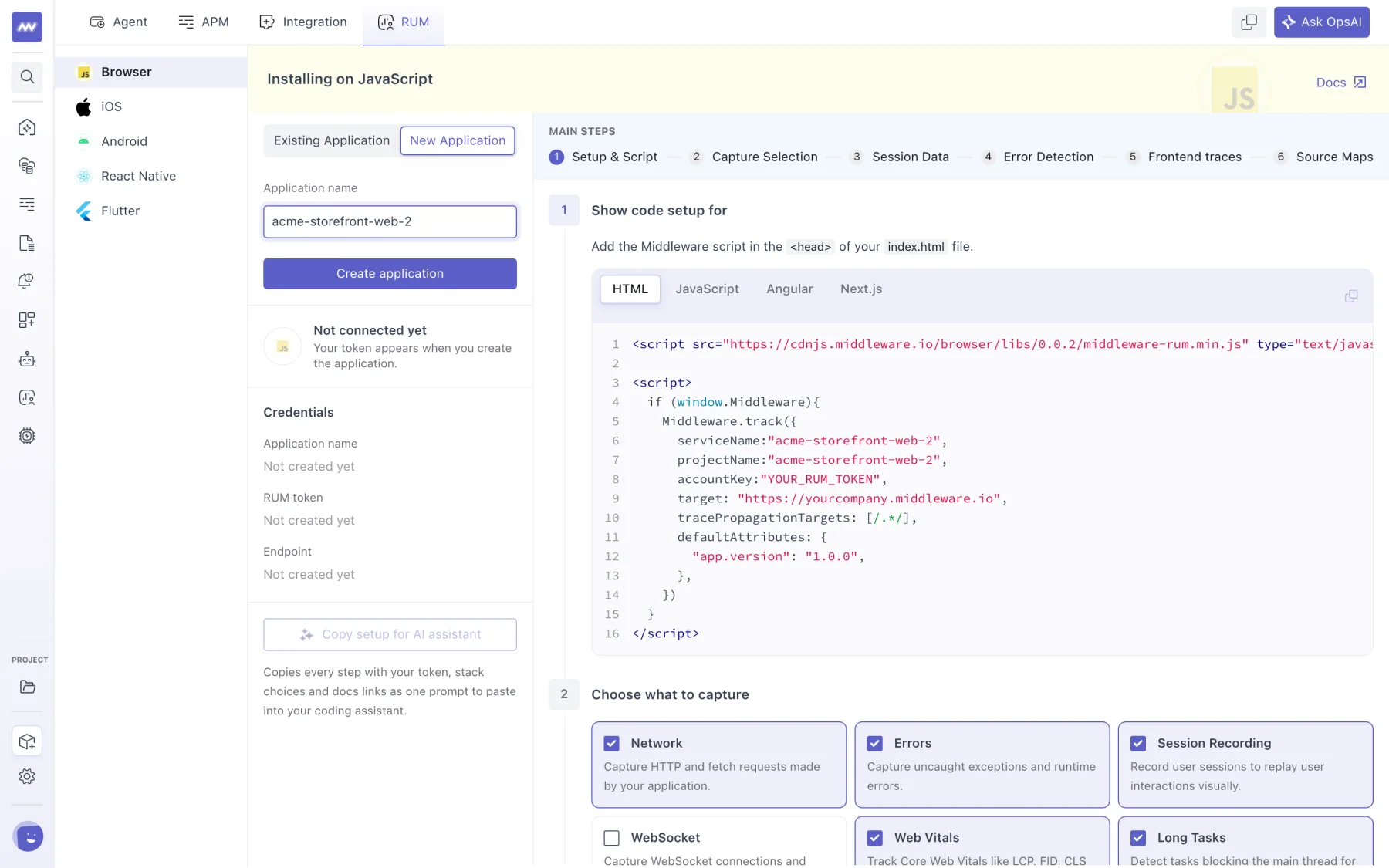 RUM installation page for Browser with the New Application tab open, an application name entered, and the setup steps on the right showing placeholder values